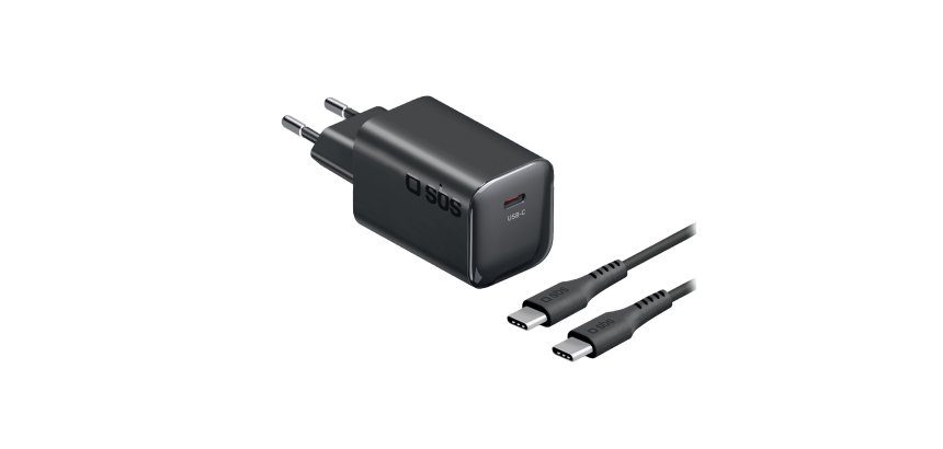 SBS Kit Caricatore USB-C GaN 65W Power Delivery con Cavo USB-C 2 m, Nero