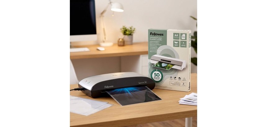Plastificazione Fellowes A4: Plastificatrice Spectra A4 con confezione da 100 pouches riciclate comprese