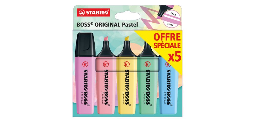 Surligneur Stabilo Boss couleurs assorties Pastel - Pochette de 5