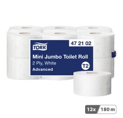 Papier toilette Mini Jumbo double épaisseur Advanced Tork T2 - 12 rouleaux de 180 m