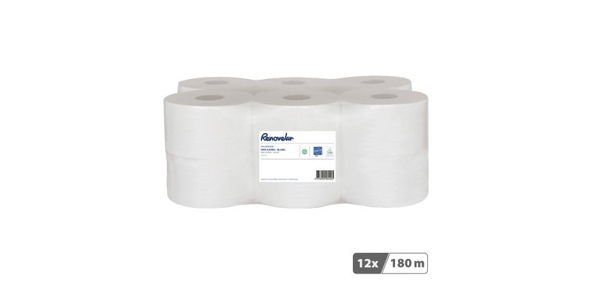 Papier toilette Mini Jumbo double épaisseur Renovelar - 12 rouleaux de 180 m