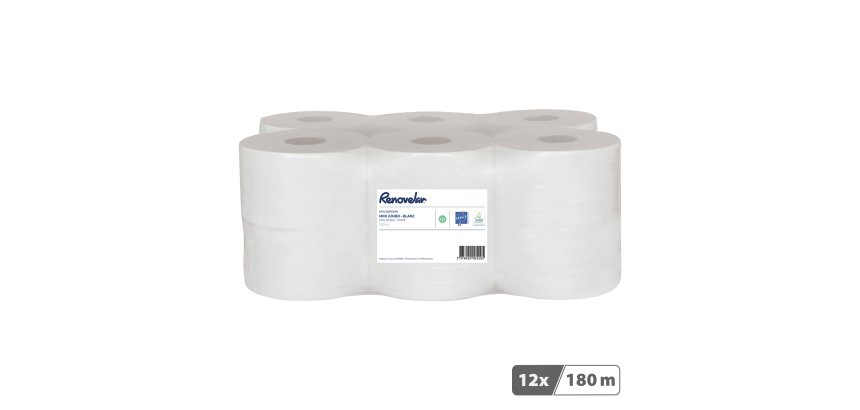 Papier toilette Mini Jumbo double épaisseur Renovelar - 12 rouleaux de 180 m