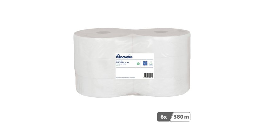 Papier toilette Maxi Jumbo double épaisseur Renovelar - 6 rouleaux de 380 m