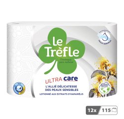 Papier toilette quadruple épaisseur Ultra Care Le Trefle - 12 rouleaux de 115 feuilles