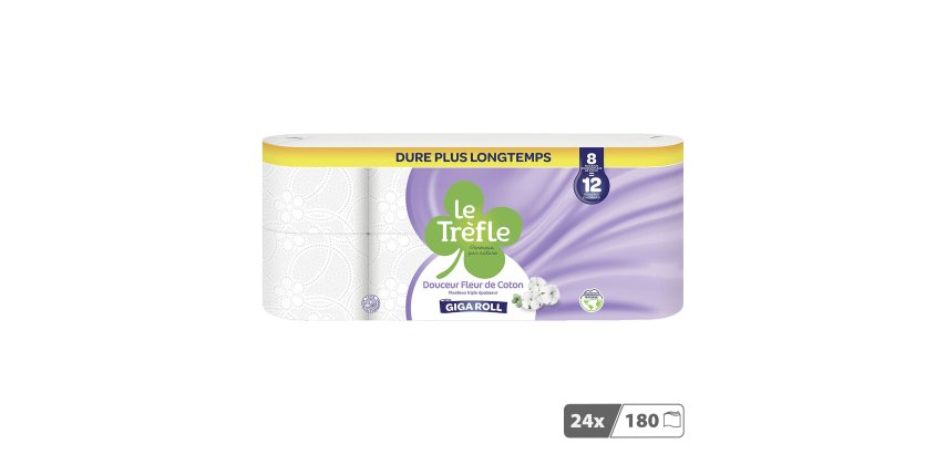 Papier toilette triple épaisseur Le Trèfle Douceur fleur de coton 24 maxi rouleaux = 36 rouleaux classiques