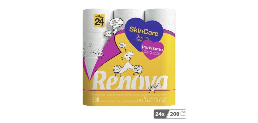 Papier toilette triple épaisseur Renova Skin Care Purissimo- 24 rouleaux de 200 feuilles