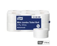 Papier toilette Mini Jumbo double épaisseur Tork T2 Advanced - 12 rouleaux de 170 m