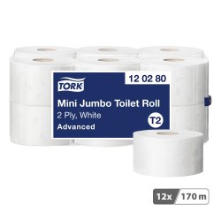 Papier toilette Mini Jumbo double épaisseur Tork T2 Advanced - 12 rouleaux de 170 m