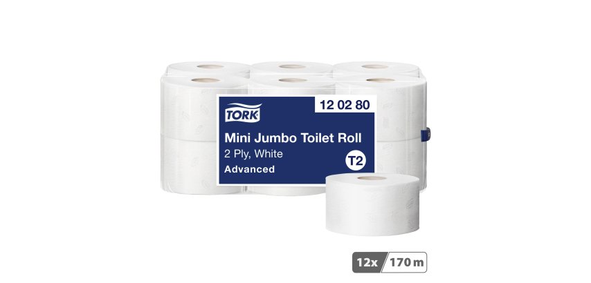 Papier toilette Mini Jumbo double épaisseur Tork T2 Advanced - 12 rouleaux de 170 m