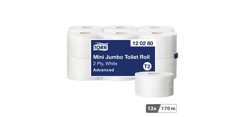 Papier toilette Mini Jumbo double épaisseur Tork T2 Advanced - 12 rouleaux de 170 m