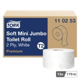 Papier toilette Mini Jumbo double épaisseur Tork T2 Premium - 12 rouleaux de 170 m