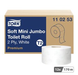 Papier toilette Mini Jumbo double épaisseur Tork T2 Premium - 12 rouleaux de 170 m