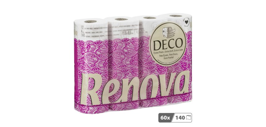 Papier toilette quadruple épaisseur Renova lotionné fraîcheur florale - 60 rouleaux de 140 feuilles
