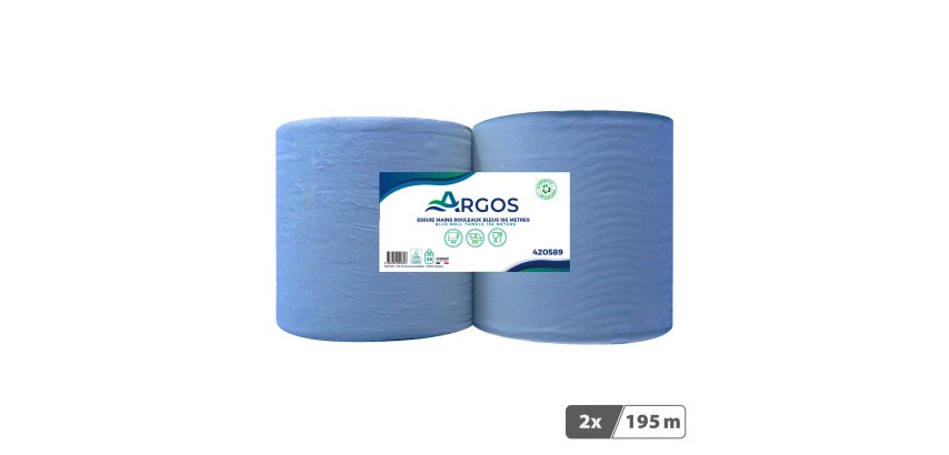 Rouleaux d'essuie-mains Argos double épaisseur bleu 195 m - Colis de 6