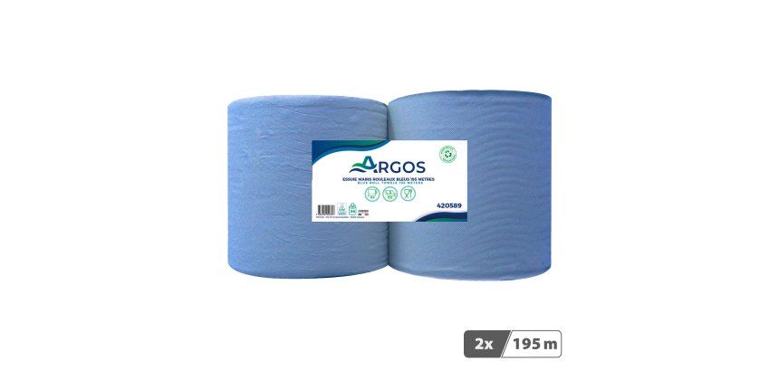Rouleaux d'essuie-mains Argos double épaisseur bleu 195 m - Colis de 6