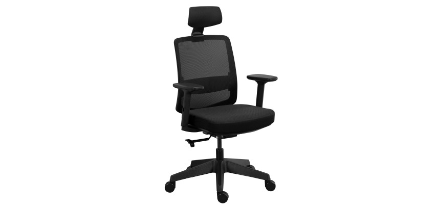 Chaise de bureau MOOV', tissu non feu et maille, dossier avec soutien lombaire, accoudoirs, appui-tête, mécanisme synchrone avec réglage profondeur d'assise