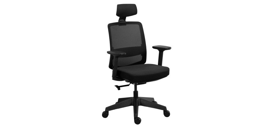 Chaise de bureau MOOV', tissu et maille, dossier avec soutien lombaire, accoudoirs, têtière, mécanisme synchrone avec réglage profondeur d'assise