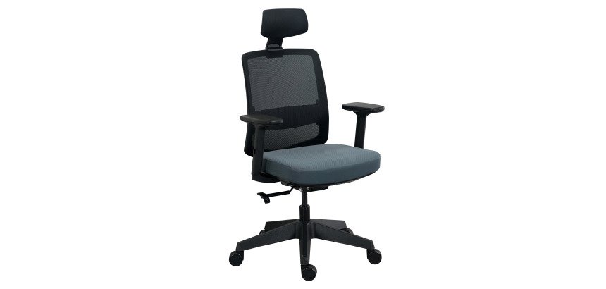 Chaise de bureau MOOV', tissu et maille, dossier avec soutien lombaire, accoudoirs, têtière, mécanisme synchrone avec réglage profondeur d'assise
