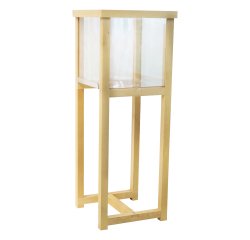 Cubo expositor con pie de madera para venta cruzada