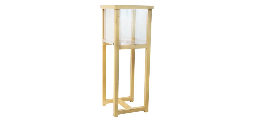 Cubo expositor con pie de madera para venta cruzada