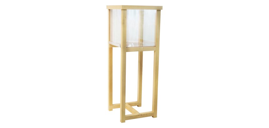 Cubo expositor con pie de madera para venta cruzada
