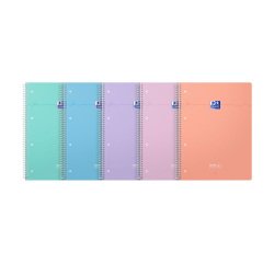 Cahier Oxford Smart 5 en 1 A4+ petits carreaux – 180 pages, spirale, couverture souple - Coloris assortis pastel