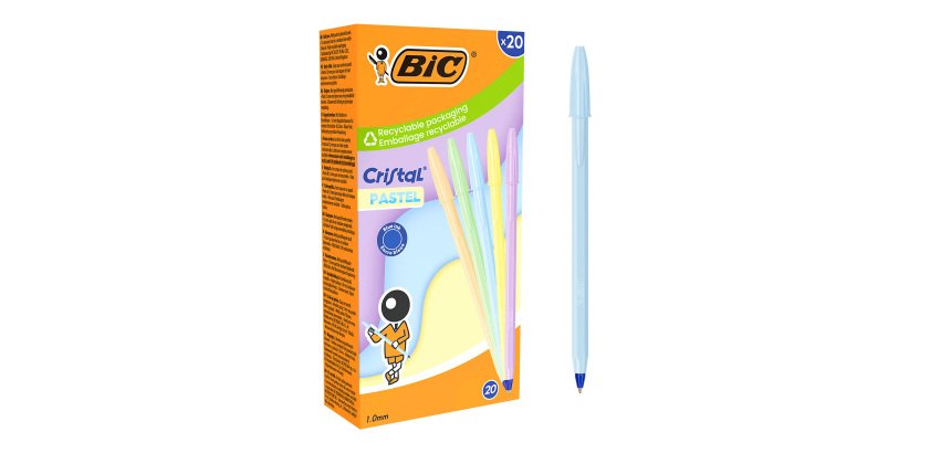 Stylo bille Bic Cristal Pastel à capuchon pointe 1 mm - écriture moyenne - Boîte de 20