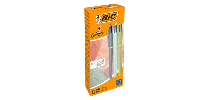 Stylo bille 4 couleurs BIC Minéral rétractable – Pointe 1 mm – Écriture moyenne – Boîte de 12