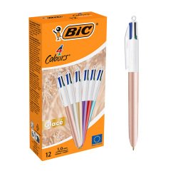 Stylo bille 4 couleurs Bic Glacé rétractable pointe 1 mm - écriture moyenne - Boite de 12