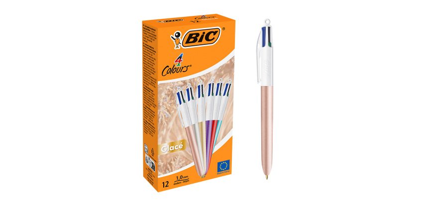 Stylo bille 4 couleurs Bic Glacé rétractable pointe 1 mm - écriture moyenne - Boite de 12