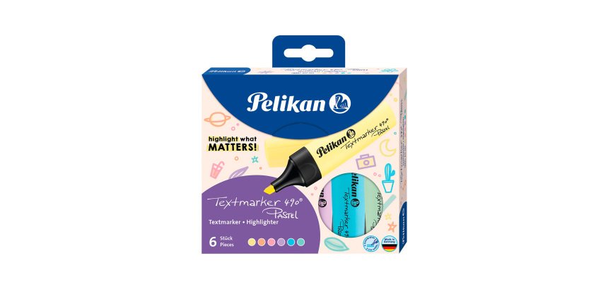 Surligneur Pelikan Textmarker 490 couleurs assorties pastel - Pochette de 6