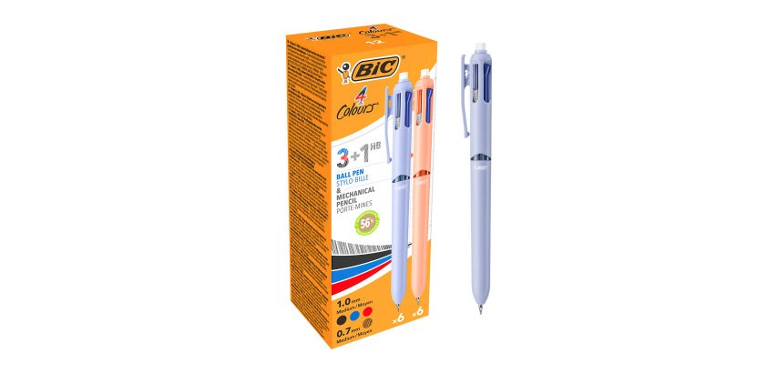Stylo bille 4 couleurs 3+1 HB BIC Recyclé rétractable – Pointe 1 mm – Écriture moyenne – Boîte de 12
