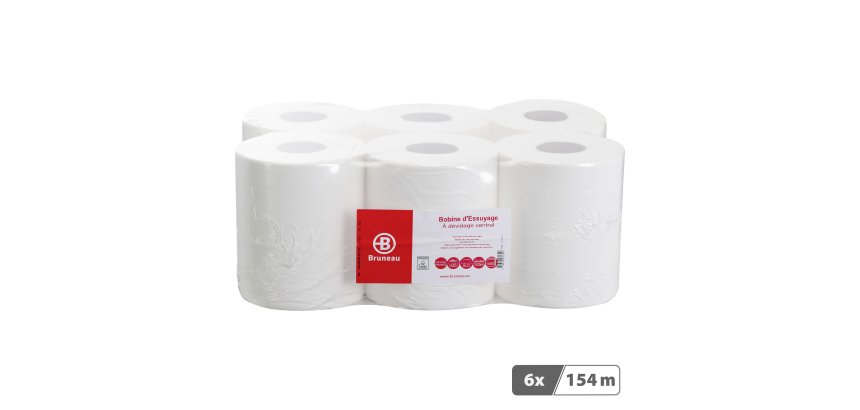 Maxi bobine d'essuyage à dévidage central Bruneau blanche - Colis de 6