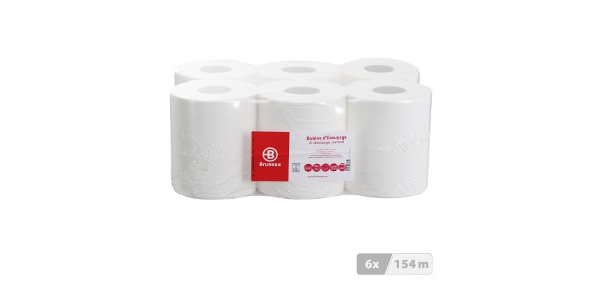 Maxi bobine d'essuyage à dévidage central Bruneau blanche - Colis de 6