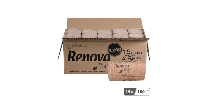 Essuie-mains Zig-Zag Renova Love & Action - Carton de 2700 feuilles
