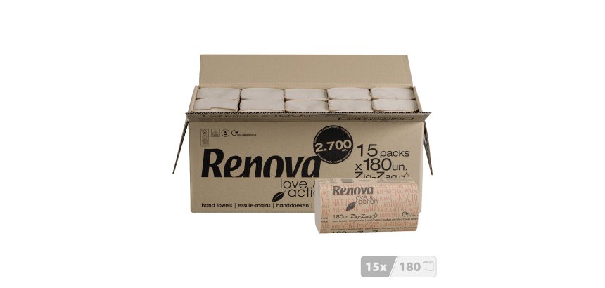 Essuie-mains Zig-Zag Renova Love & Action - Carton de 2700 feuilles