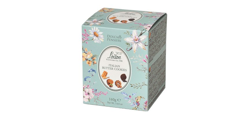 Biscotti assortiti Loison in scatola cubotto da 160g - Maraneo, Canestrello Caramel, Bacetto, Cacao