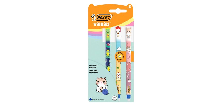 Stylo roller Bic Vibbies effaçable rétractable pointe 1 mm - écriture moyenne - Blister de 3