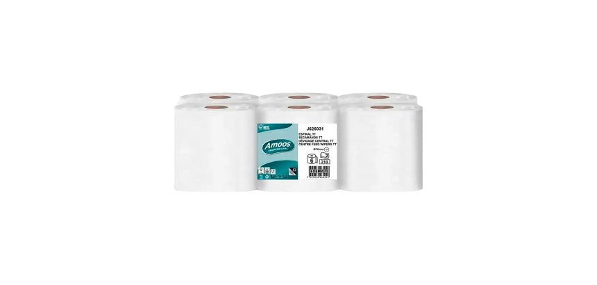 Papel secamanos amoos industrial 2 capas 32g/m2 celulosa blanco 60 m paquete de 6 bobinas.