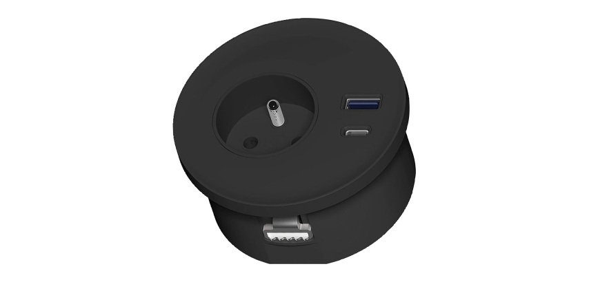 Prise électrique encastrable Versaspot 80 mm pour bureau - 1 prise secteur + 1 USB-A + 1 USB-C  + masque