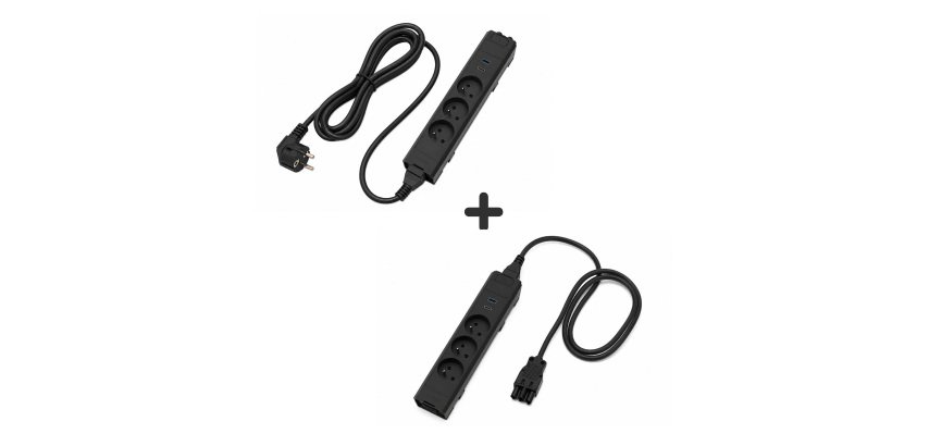 Pack multiprises-nourrices Versatek Basic - élément départ+ élement suivant - 2x  3 prises secteur + 1 USB-A+1 USB-C + câble secteur 3 m+ câble relais 2m