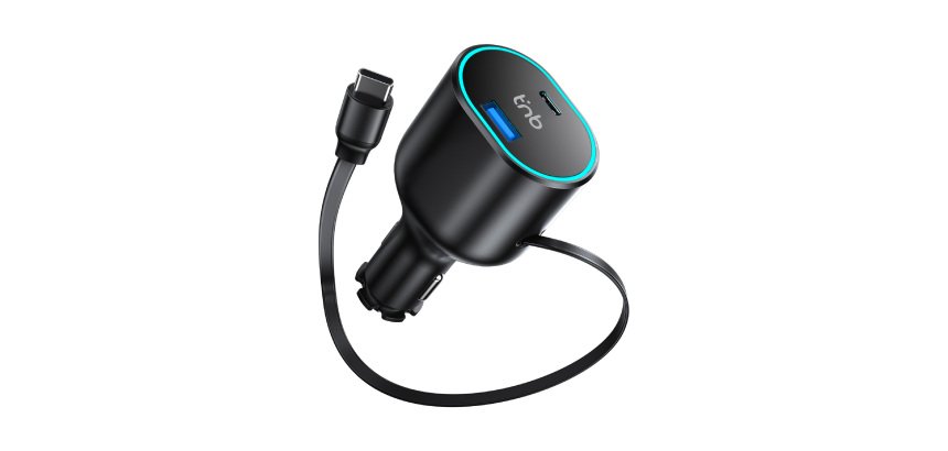 T'nB 50 W sigarettenaansteker oplader met intrekbare USB-C kabel - Snelle oplading in de auto