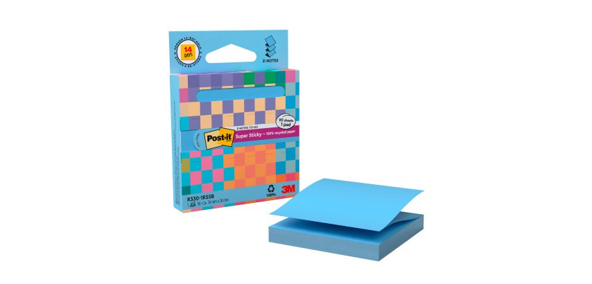 Distributeur Z-notes bleues repositionnables recyclées Super Sticky Post-it 76 x 76 mm - bloc de 90 feuilles