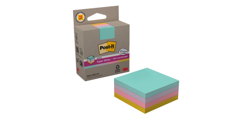 Notes repositionnables recyclés couleur Super Sticky Post-it 76 x 76 mm - bloc de 276 feuilles