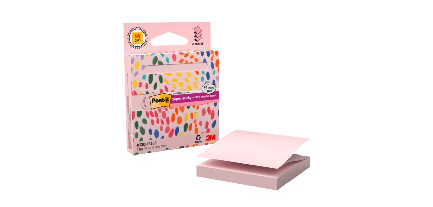 Distributeur Z-notes roses repositionnables recyclées Super Sticky Post-it 76 x 76 mm - bloc de 90 feuilles