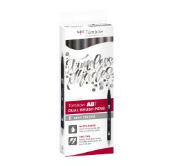 Feutres pinceaux aquarellables double pointe Tombow ABT Dual Brush Pen – Nuances de gris assorties – Pochette de 6