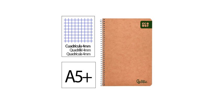 Cuaderno espiral liderpapel a5 4x4 mm Ecouse tapa cartulina kraft 80h papel reciclado 80 g