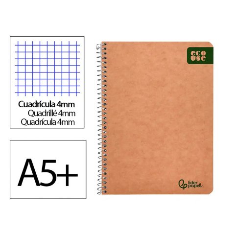 Cuaderno espiral liderpapel a5 4x4 mm Ecouse tapa cartulina kraft 80h papel reciclado 80 g