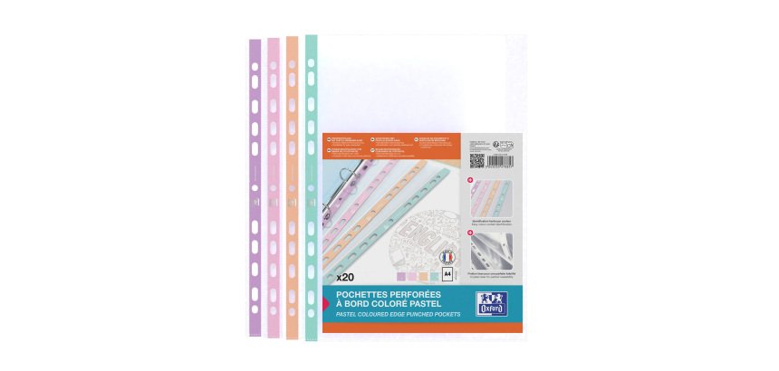 Pochettes perforées OXFORD A4 bords couleurs pastels polypropylène lisse 5/100e - Sachet de 20