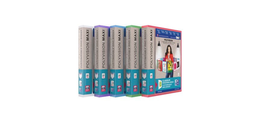 Classeur 4 anneaux plastifié Oxford Polyvision personnalisable A4+ - Dos 4 cm couleurs translucides assorties
